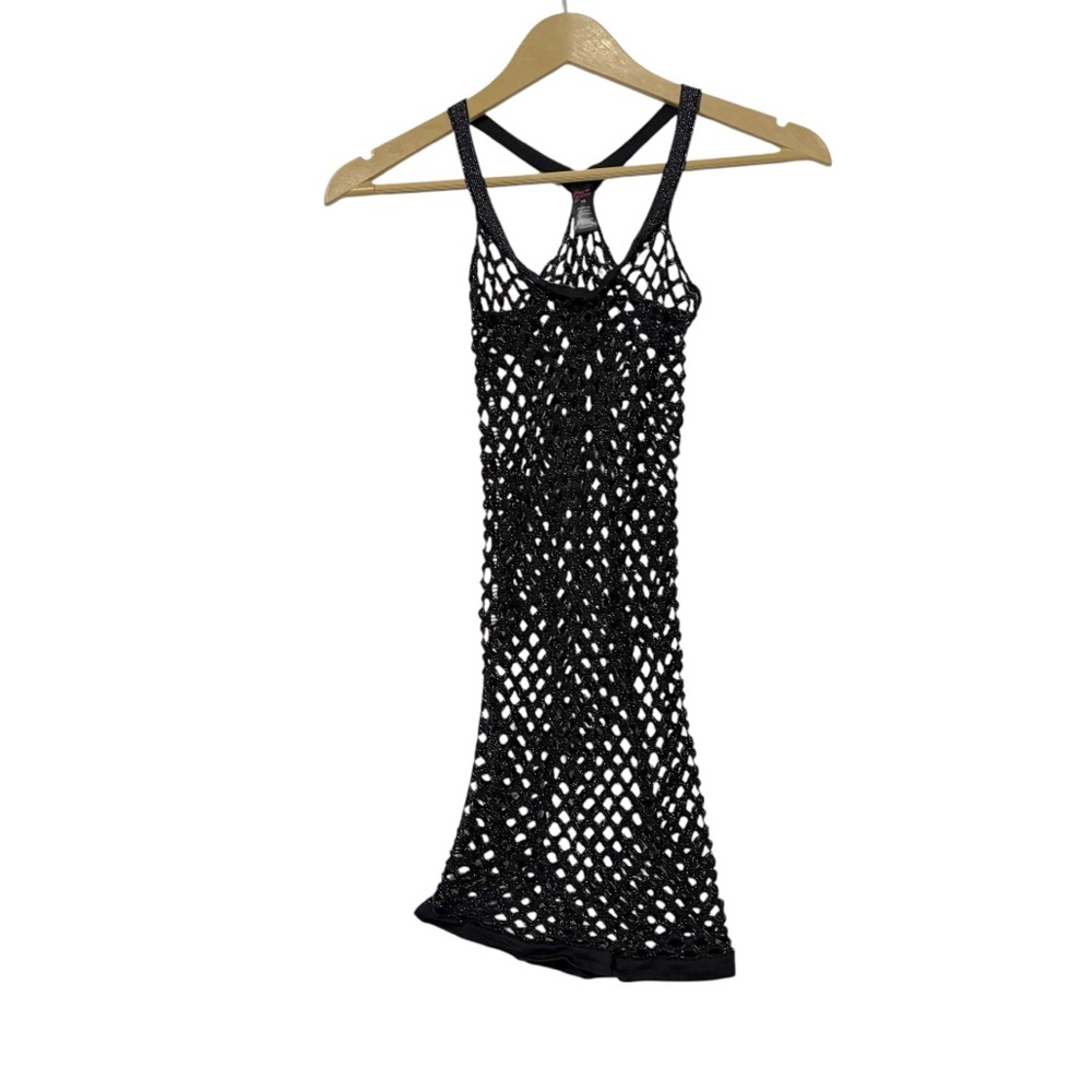 Vintage Pink Lipstick Black Metallic Y2K Fishnet Bodycon Dress Grunge Punk Goth